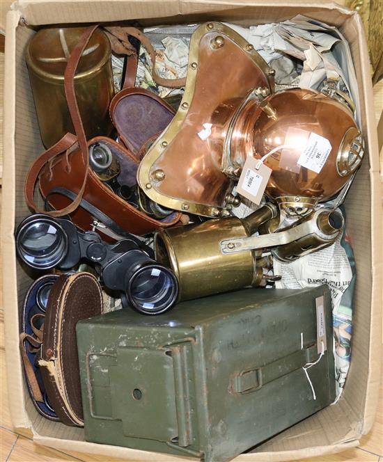 A brass and copper divers helmet clock, a Pyrene brass fire extinguisher and sundry items